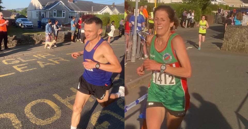 Llanrug 5km race on 7th June, 2023. Adam Jones and Gemma Moore during the race.